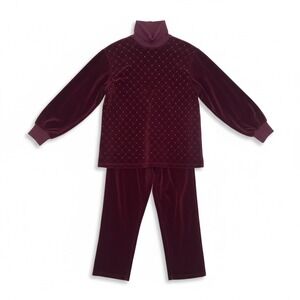 Vintage Charles Keath 2 Pc Velour Set L Burgundy Studded Turtleneck Top Pants